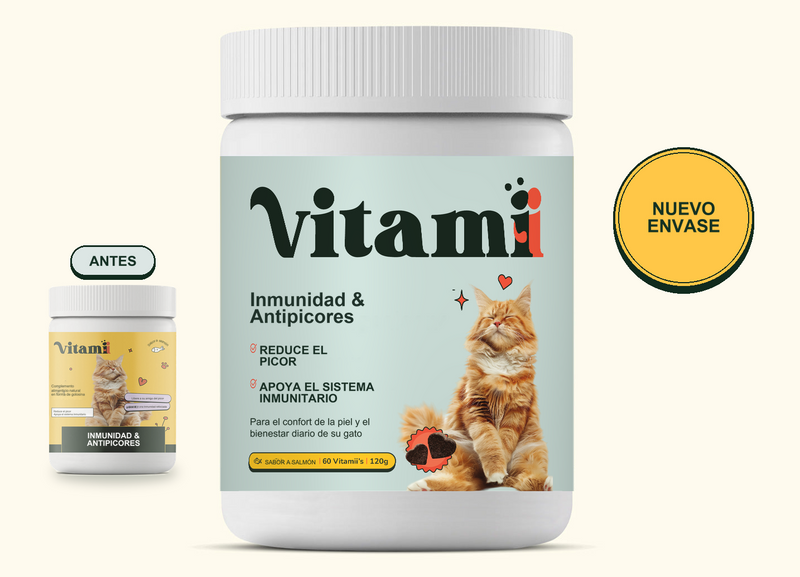Envases antiguo y nuevo de Inmunidad y Antipicores para gatos, con etiquetas en español