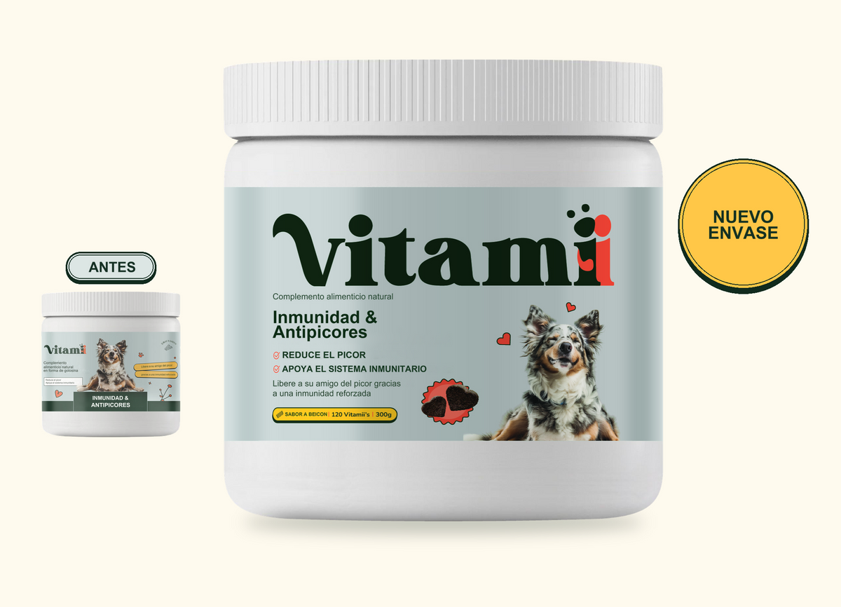 Envases antiguo y nuevo de Inmunidad y Antipicores para perros, con etiquetas en español
