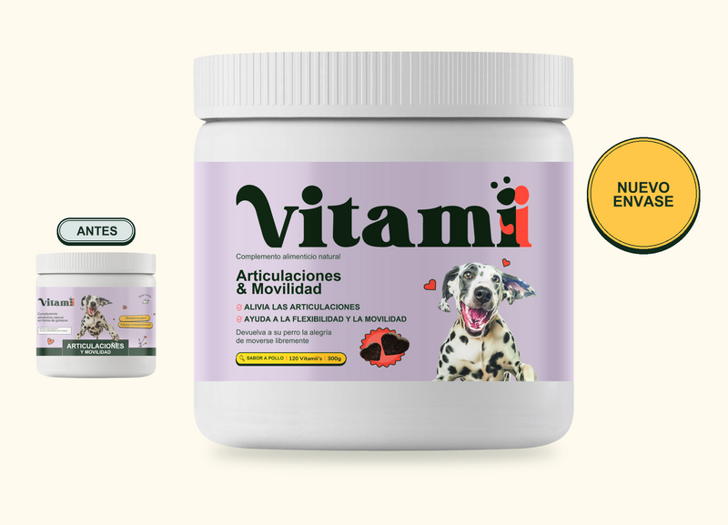 Nuevo envase de Articulaciones y Movilidad Vitamii para perros: bote anterior a la izquierda y nuevo bote grande en el centro