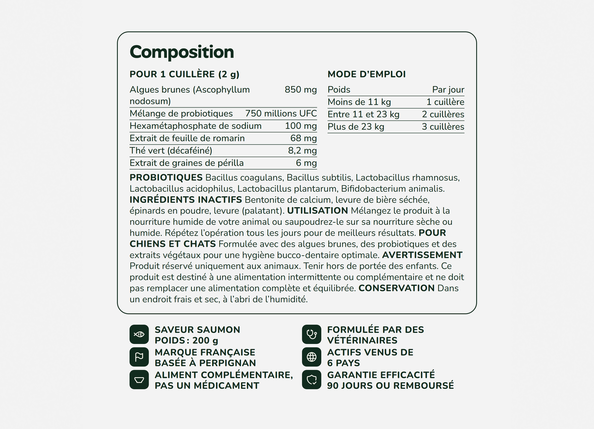 Composition de la Poudre Dentaire Vitamii : algues brunes, probiotiques, hexamétaphosphate, romarin, thé vert, périlla